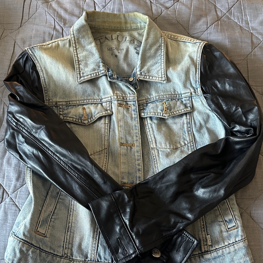Talula Light Blue Denim Jacket with Black Faux Leather Sleeves